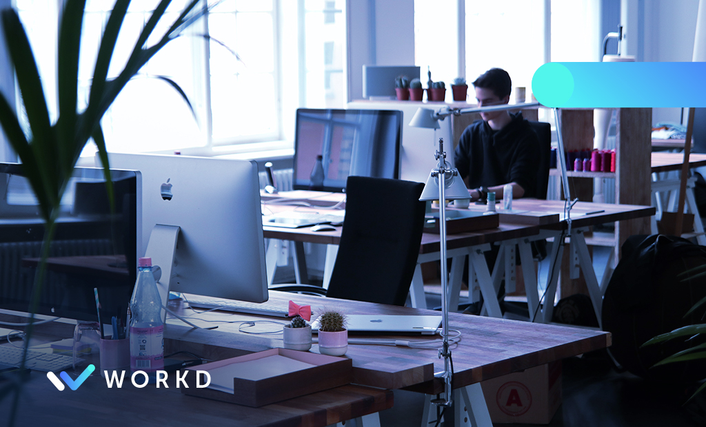 Office photo with Workd logo for choosing a CRM software.